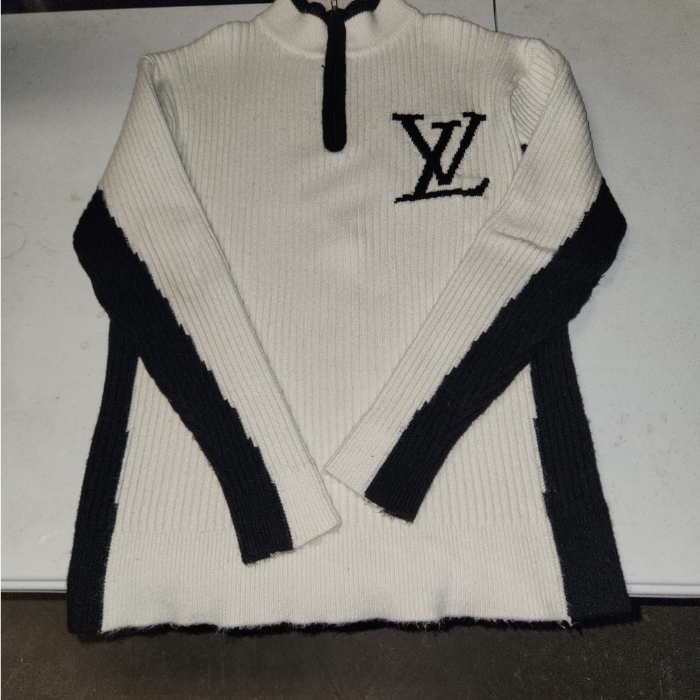 Louis Vuition White Logo Embroidered Half Zip Cotton Knit Sweater